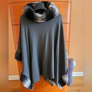 Saks Fifth Avenue Charcoal Poncho with Faux Fur